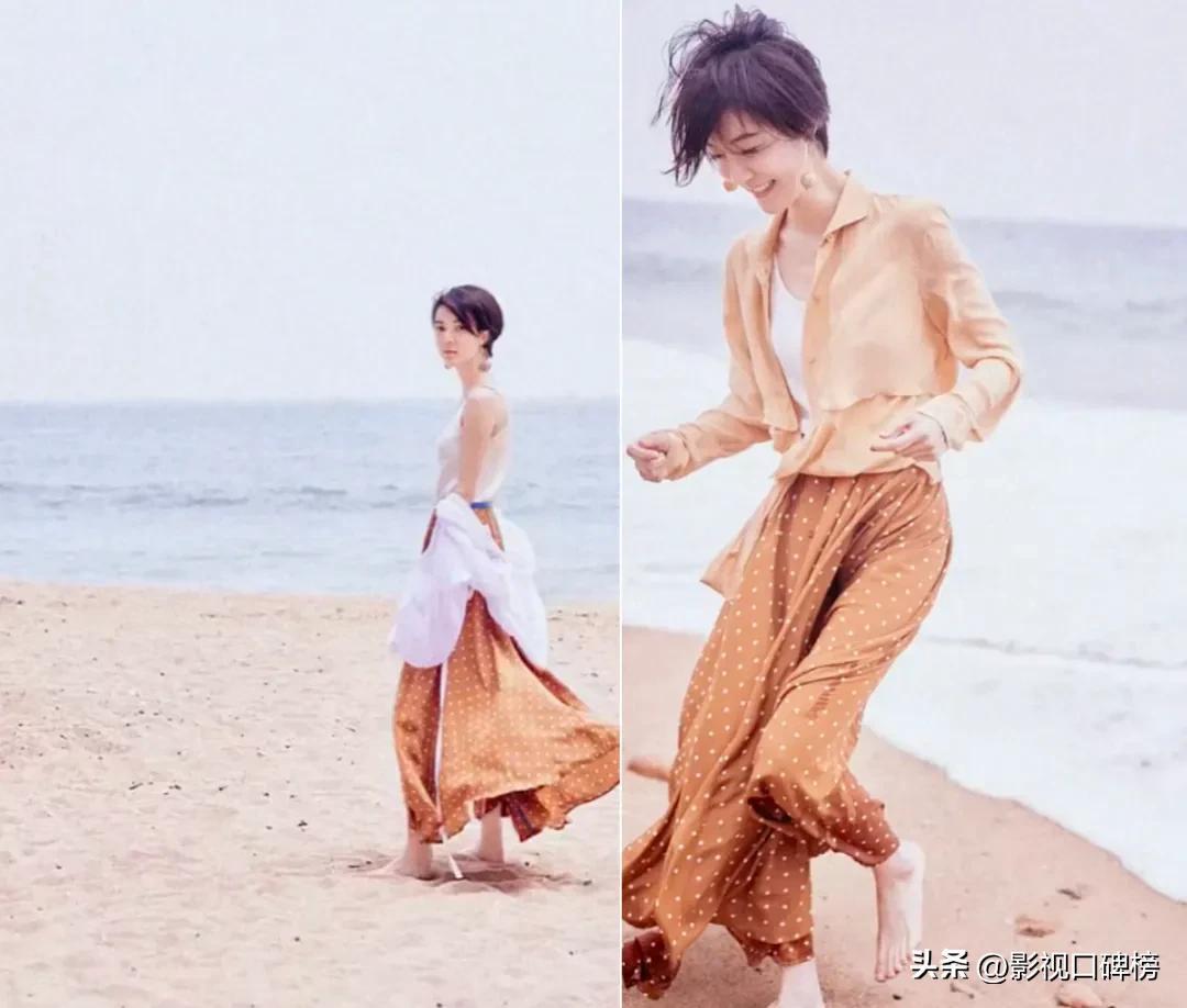 40歲的車曉赤腳在沙灘玩耍，身材纖瘦，年紀越大越美